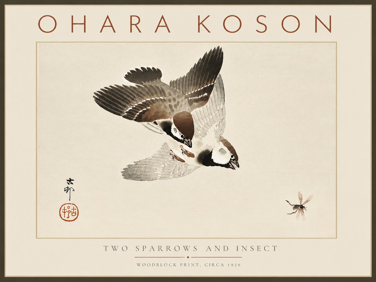 Ohara Koson Two Sparrows and Insect No6 - Plakat