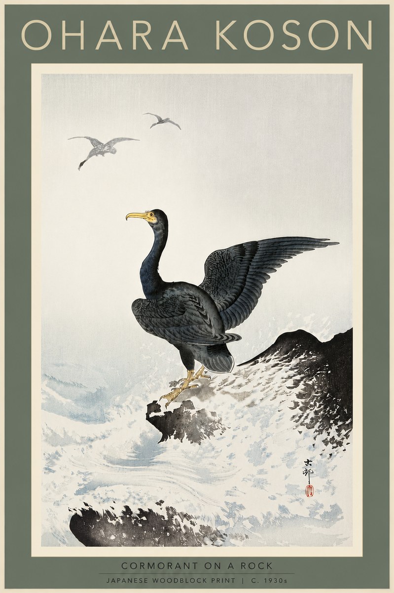 Ohara Koson Cormorant on a Rock No5 - Plakat