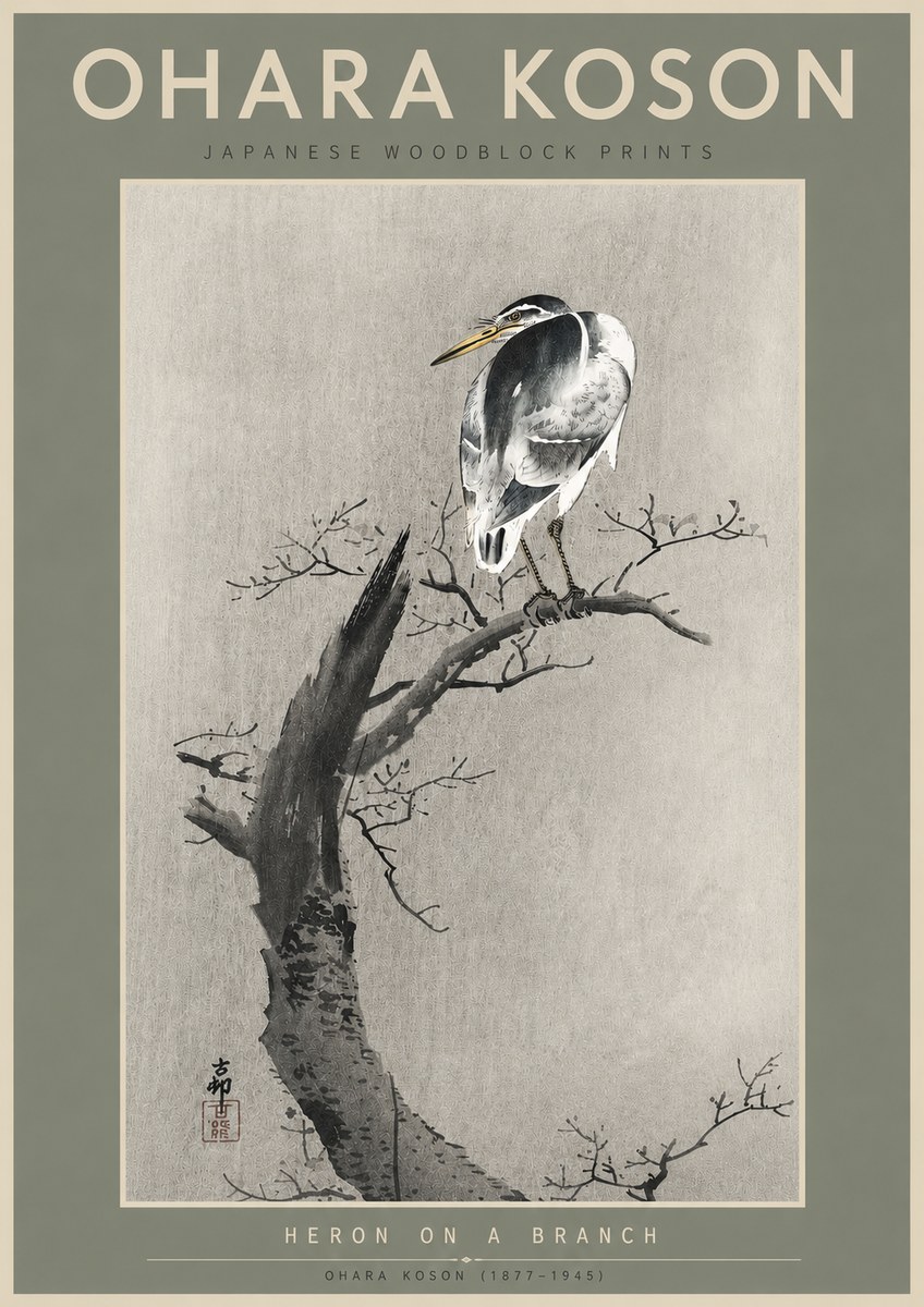 Ohara Koson Heron on a Branch No6 - Plakat