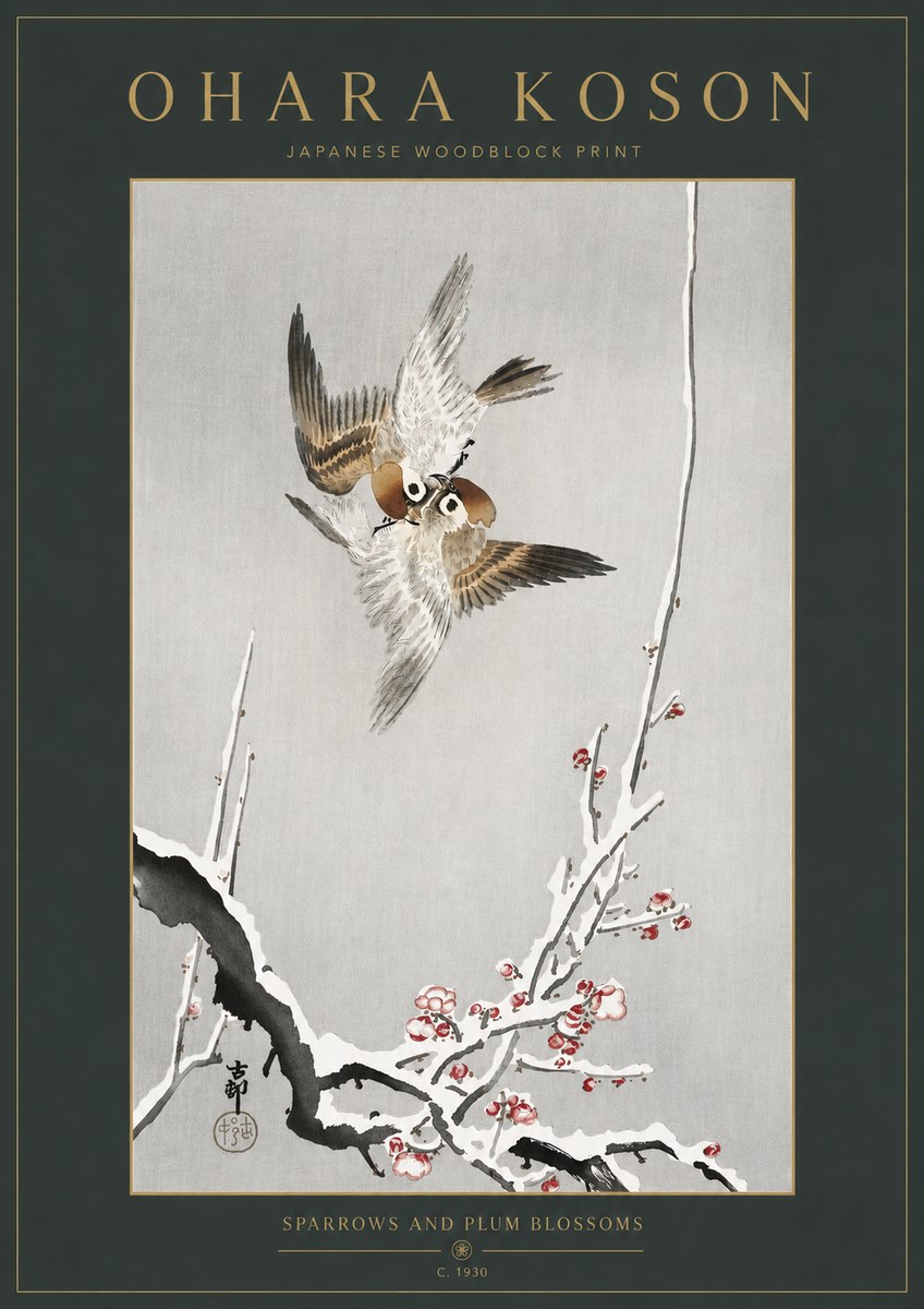 Ohara Koson Sparrows and Plum Blossoms No3 - Plakat