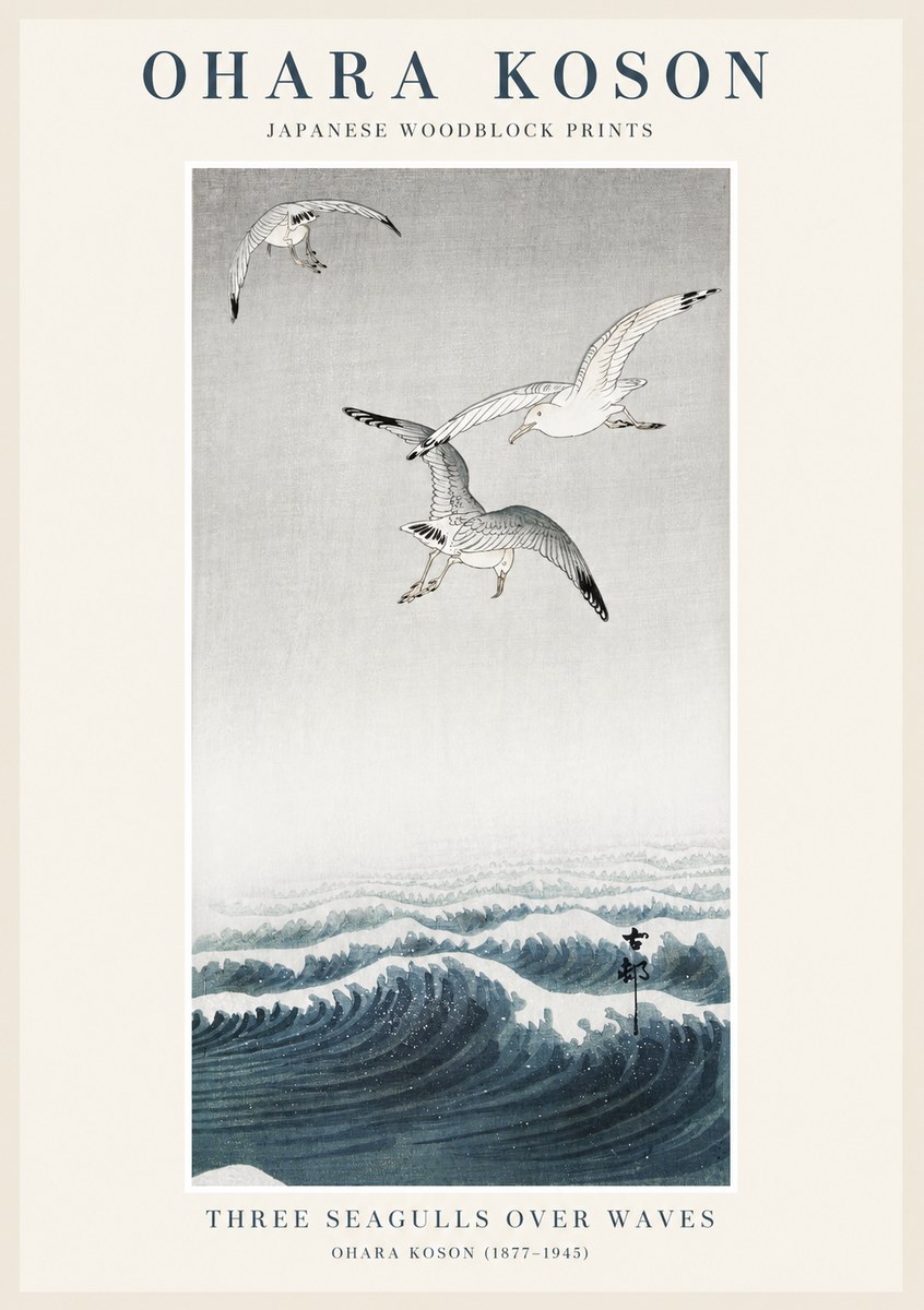 Ohara Koson Three Seagulls over Waves No1 - Plakat