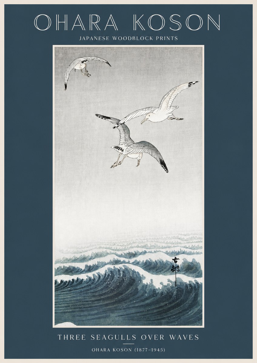 Ohara Koson Three Seagulls over Waves No2 - Plakat