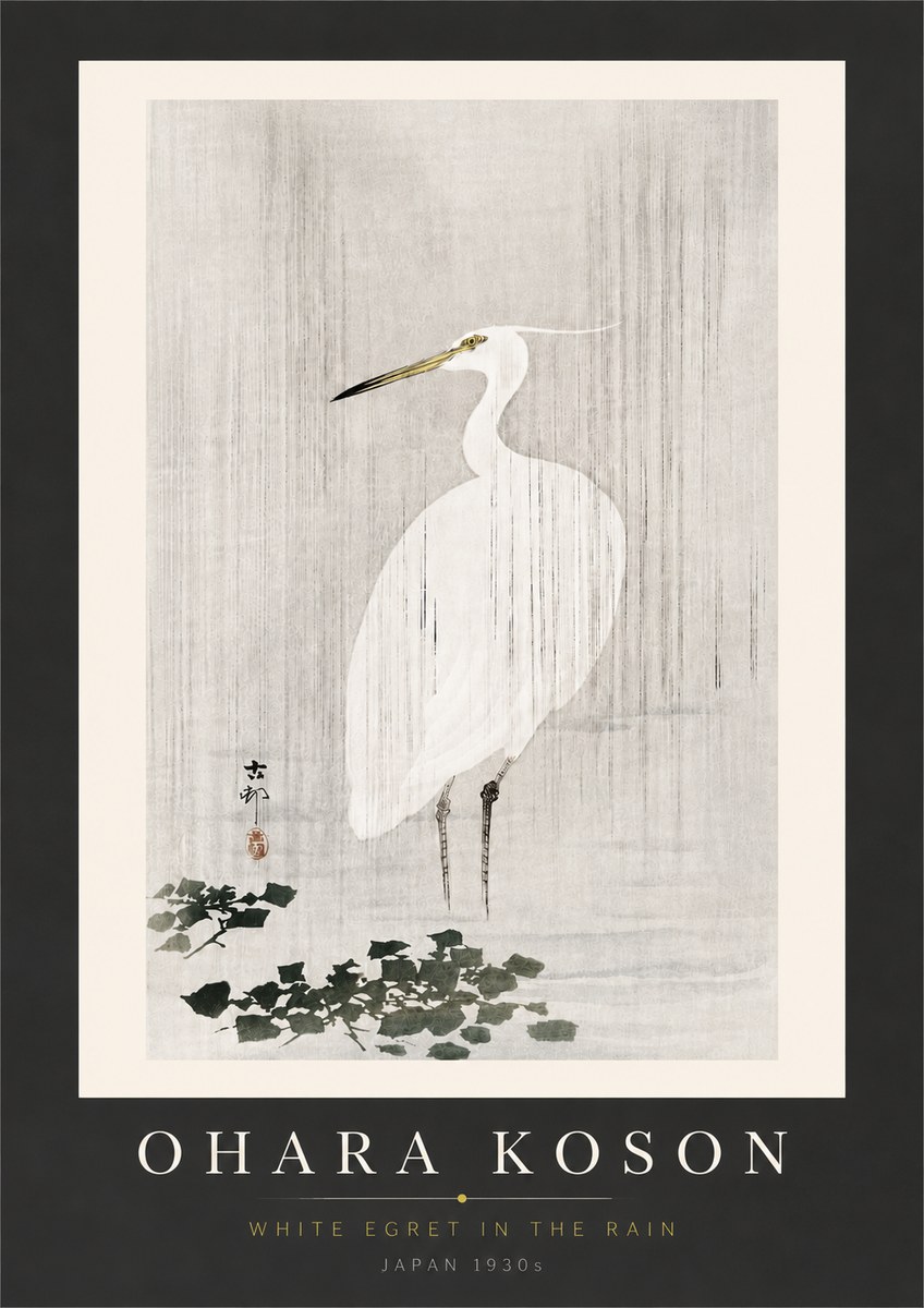 Ohara Koson White Egret in the Rain No6 - Plakat