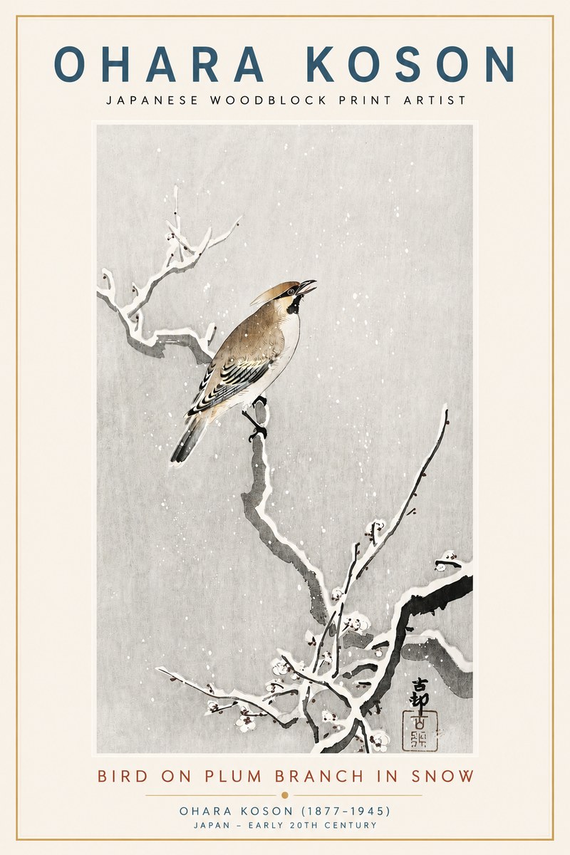 Ohara Koson Bird on Plum Branch in Snow No3 - Plakat