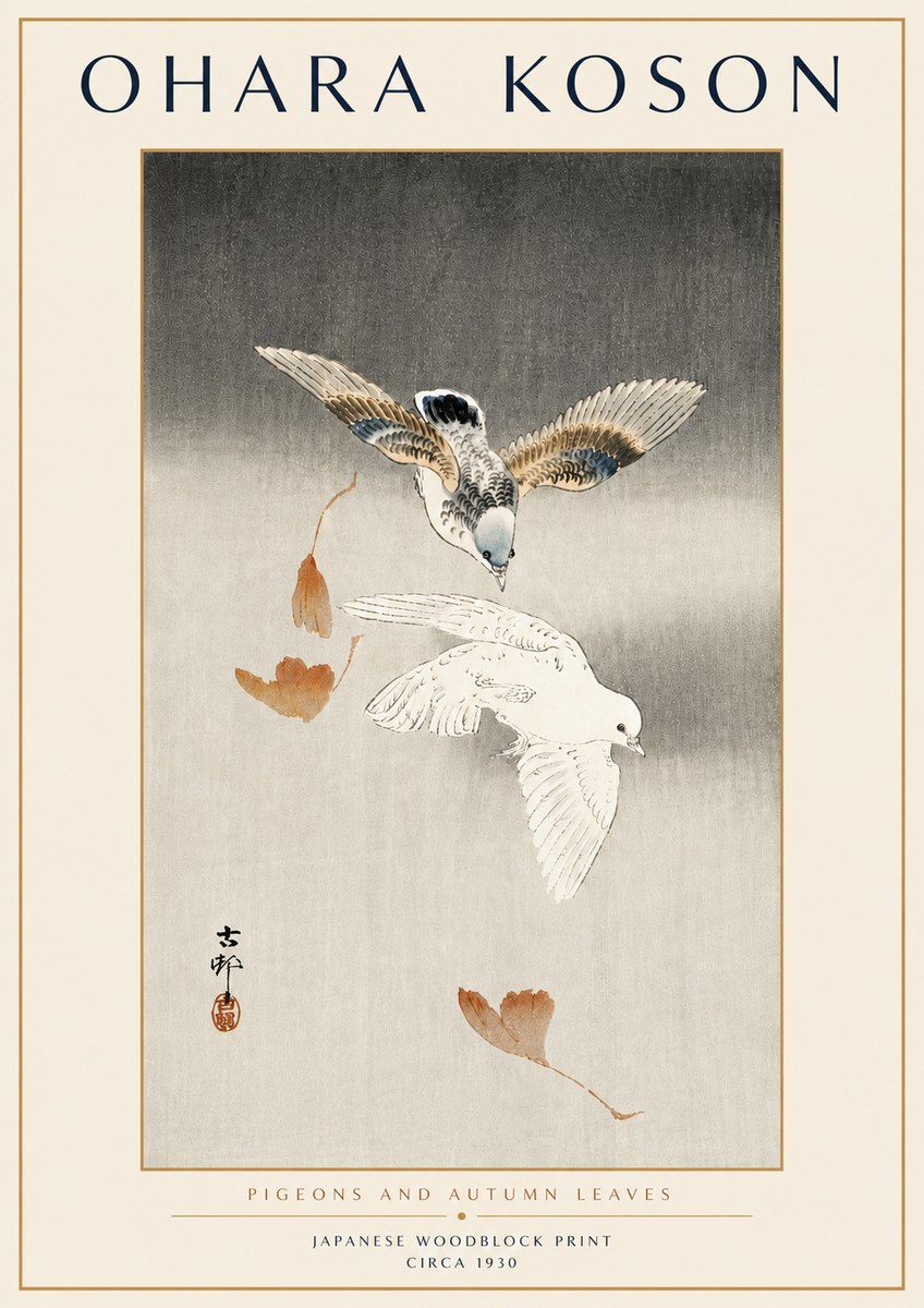 Ohara Koson Pigeons and Autumn Leaves No6 - Plakat