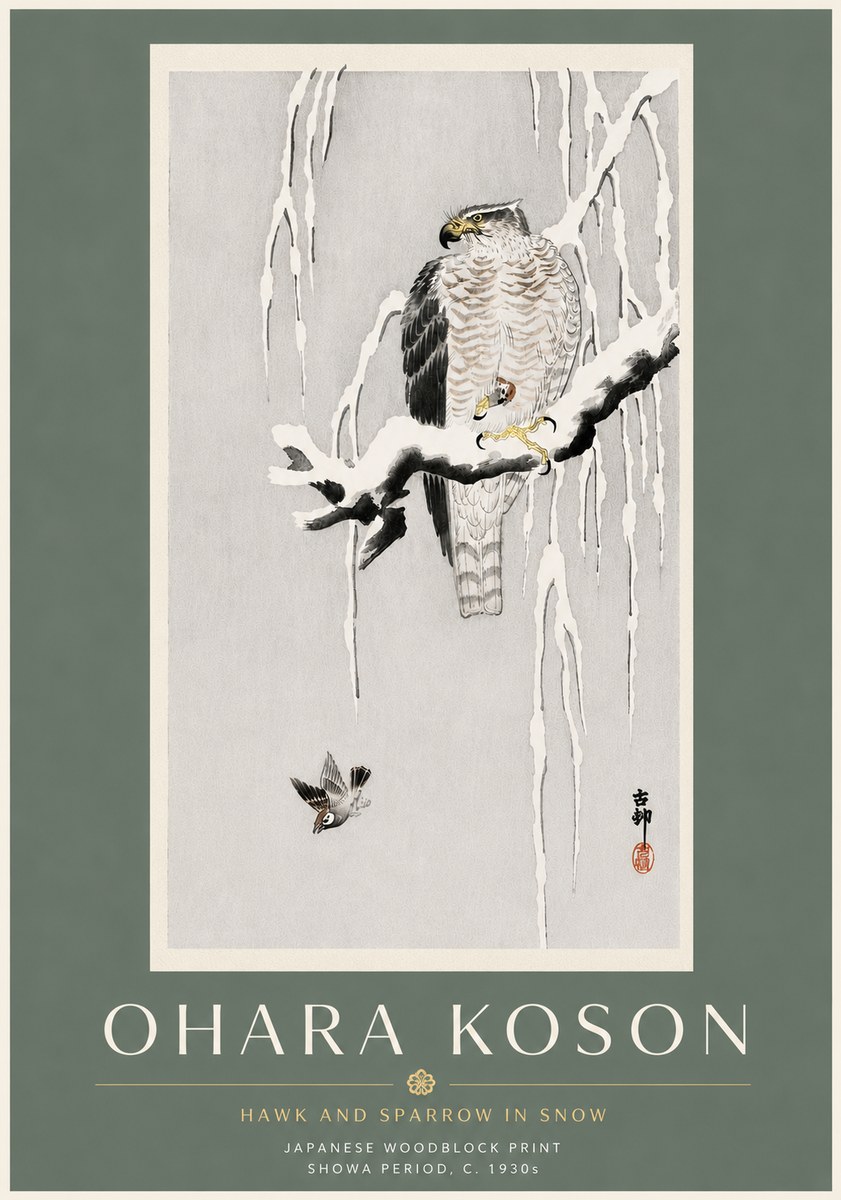 Ohara Koson Hawk and Sparrow in Snow No6 - Plakat