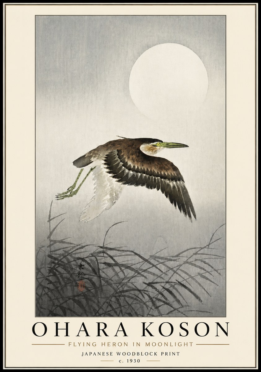 Ohara Koson Flying Heron in Moonlight No3 - Plakat