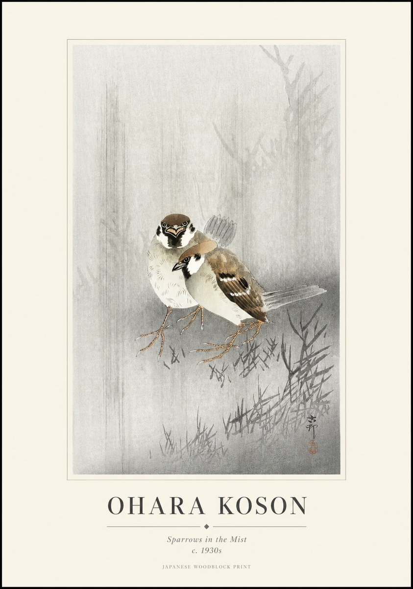 Ohara Koson Sparrows in the Mist No1 - Plakat