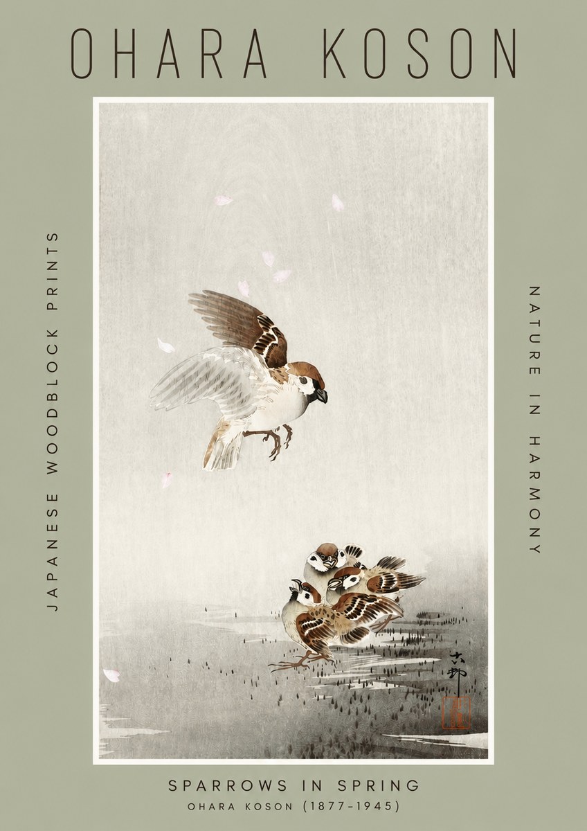 Ohara Koson Sparrows in Spring No2 - Plakat