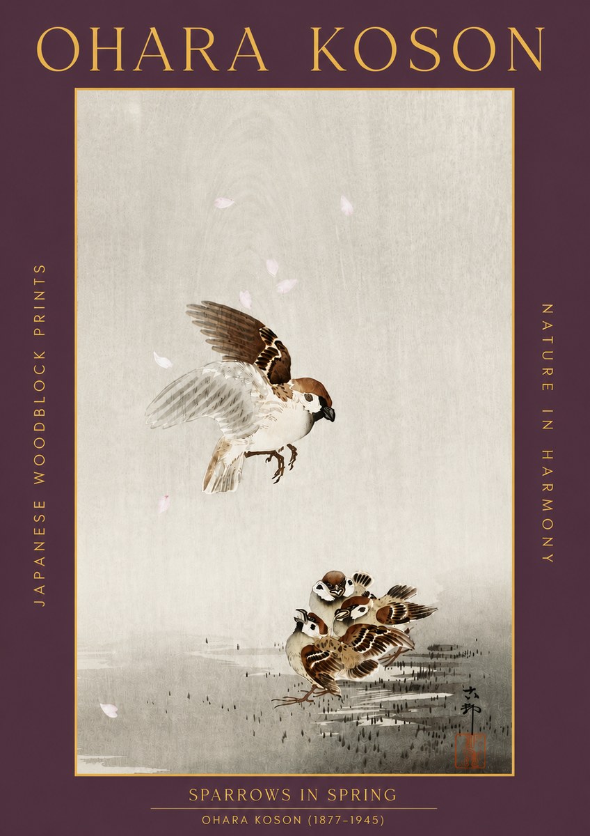 Ohara Koson Sparrows in Spring No5 - Plakat