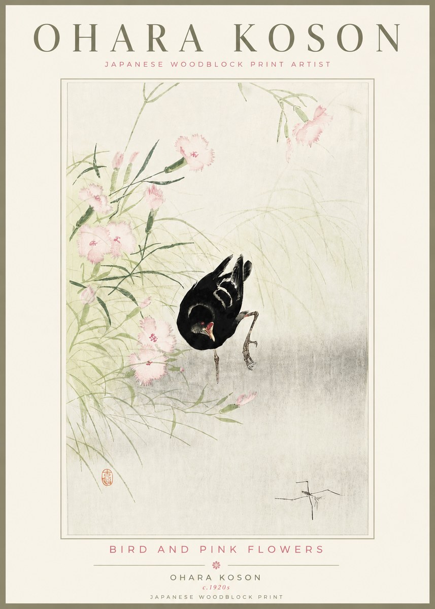 Ohara Koson Bird and Pink Flowers No4 - Plakat