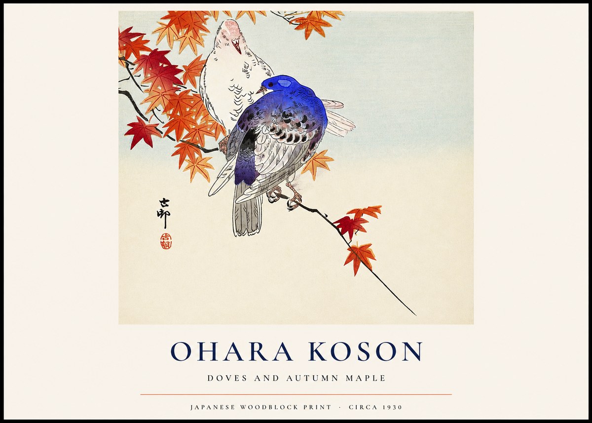 Ohara Koson Doves and Autumn Maple No1 - Plakat