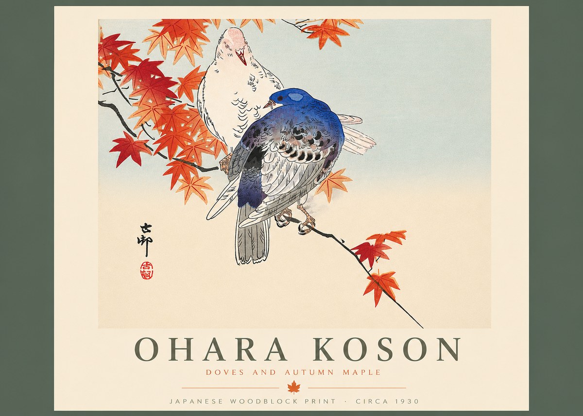 Ohara Koson Doves and Autumn Maple No4 - Plakat