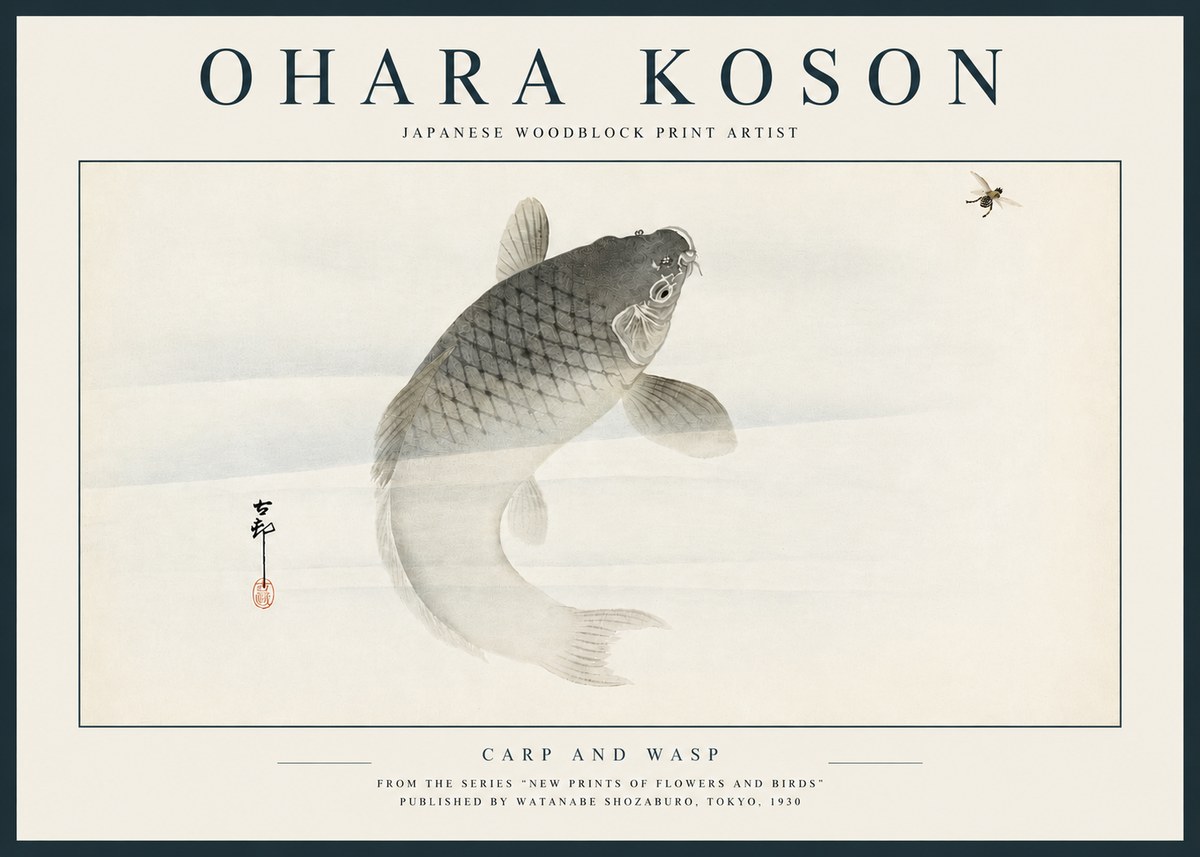 Ohara Koson Carp and Wasp No3 - Plakat