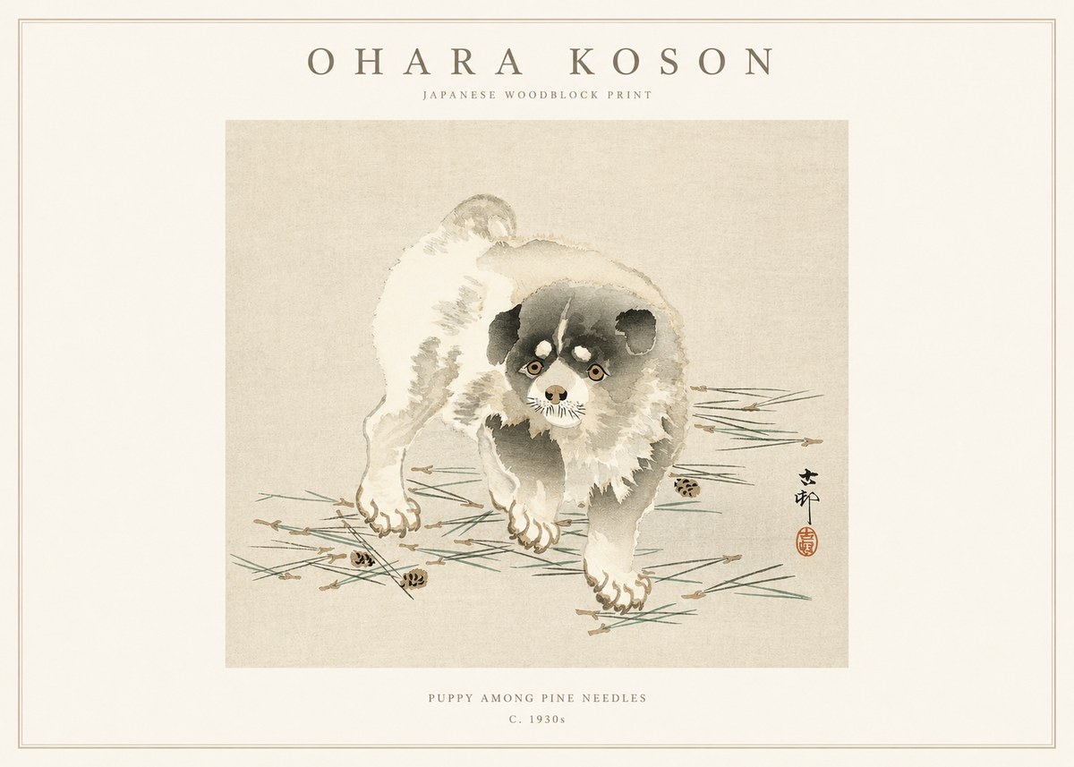 Ohara Koson Puppy Among Pine Needles No1 - Plakat
