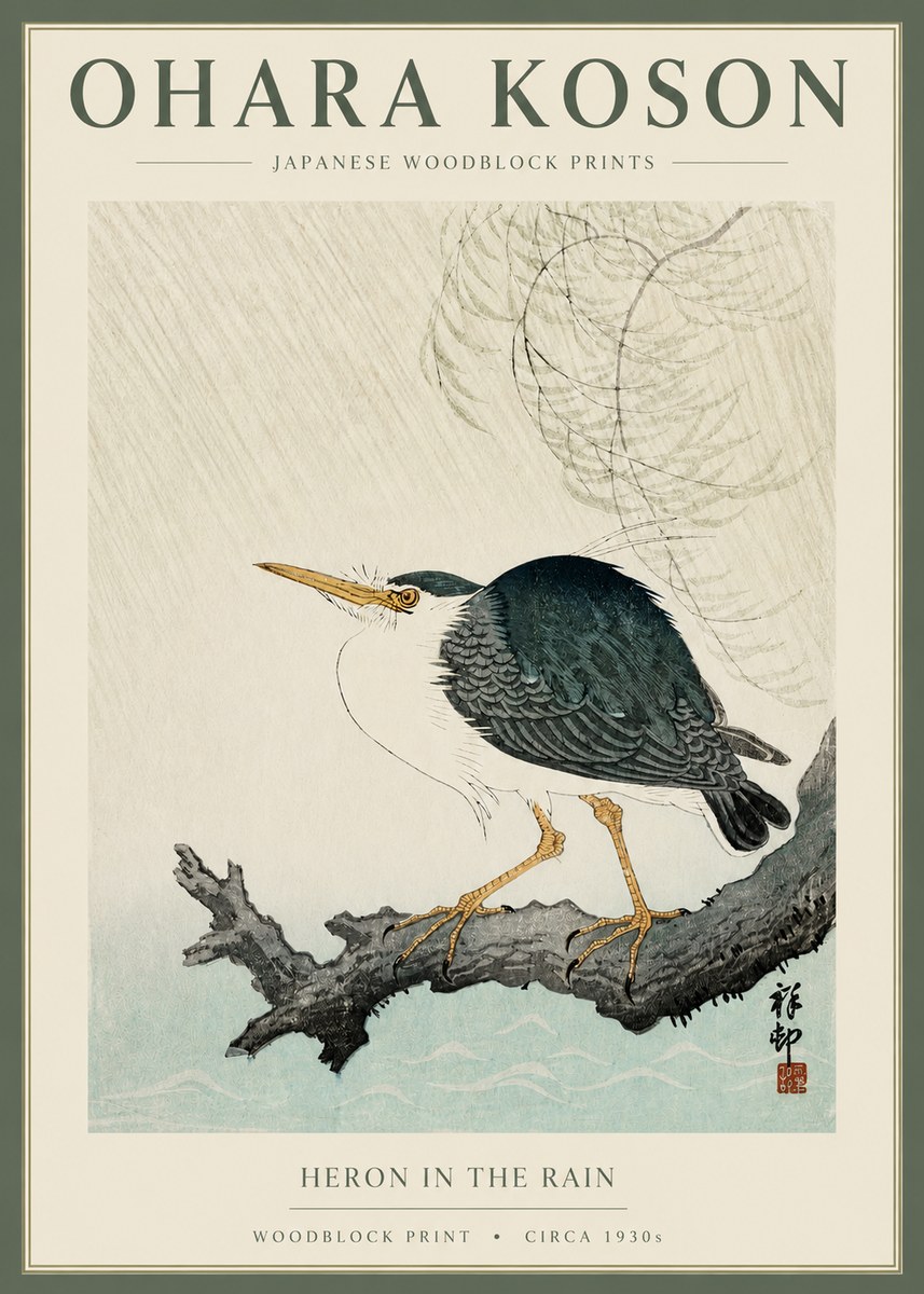 Ohara Koson Heron in the Rain No2 - Plakat