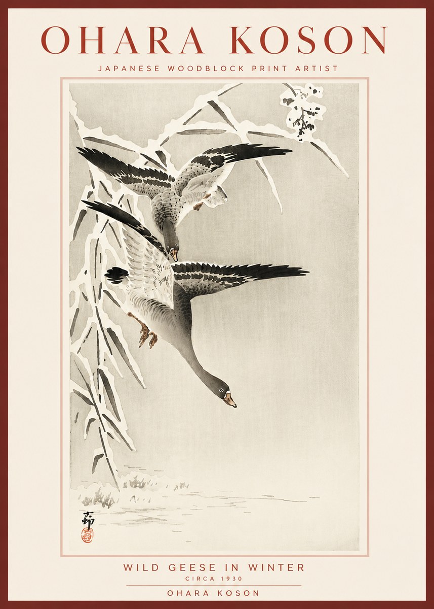 Ohara Koson Wild Geese in Winter No5 - Plakat