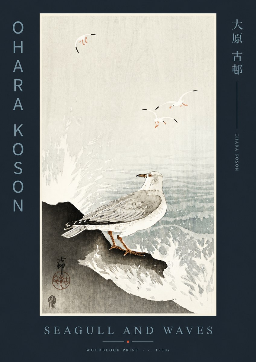 Ohara Koson Seagull and Waves No4 - Plakat