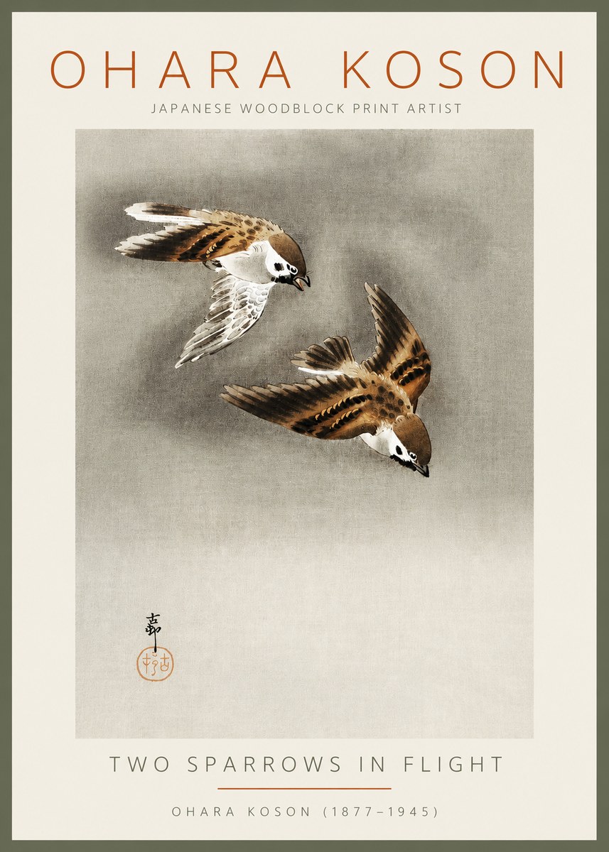 Ohara Koson Two Sparrows in Flight No2 - Plakat