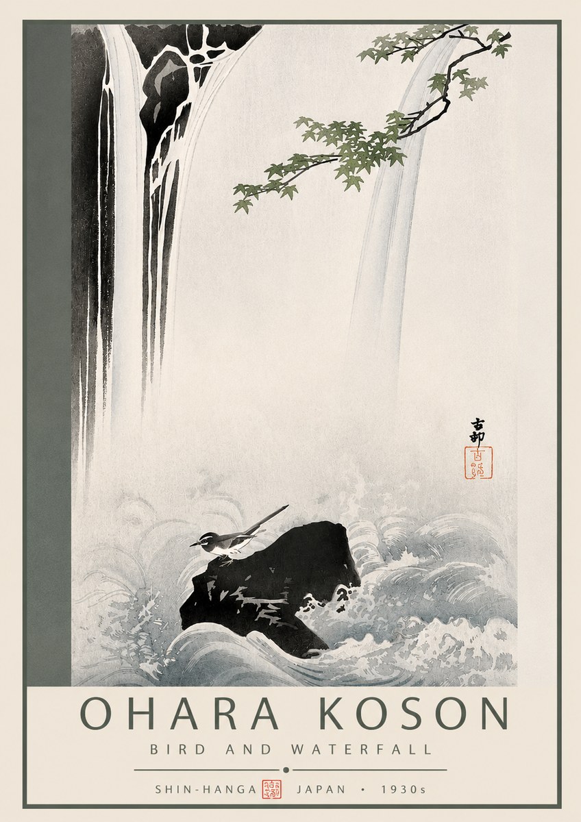 Ohara Koson Bird and Waterfall No3 - Plakat