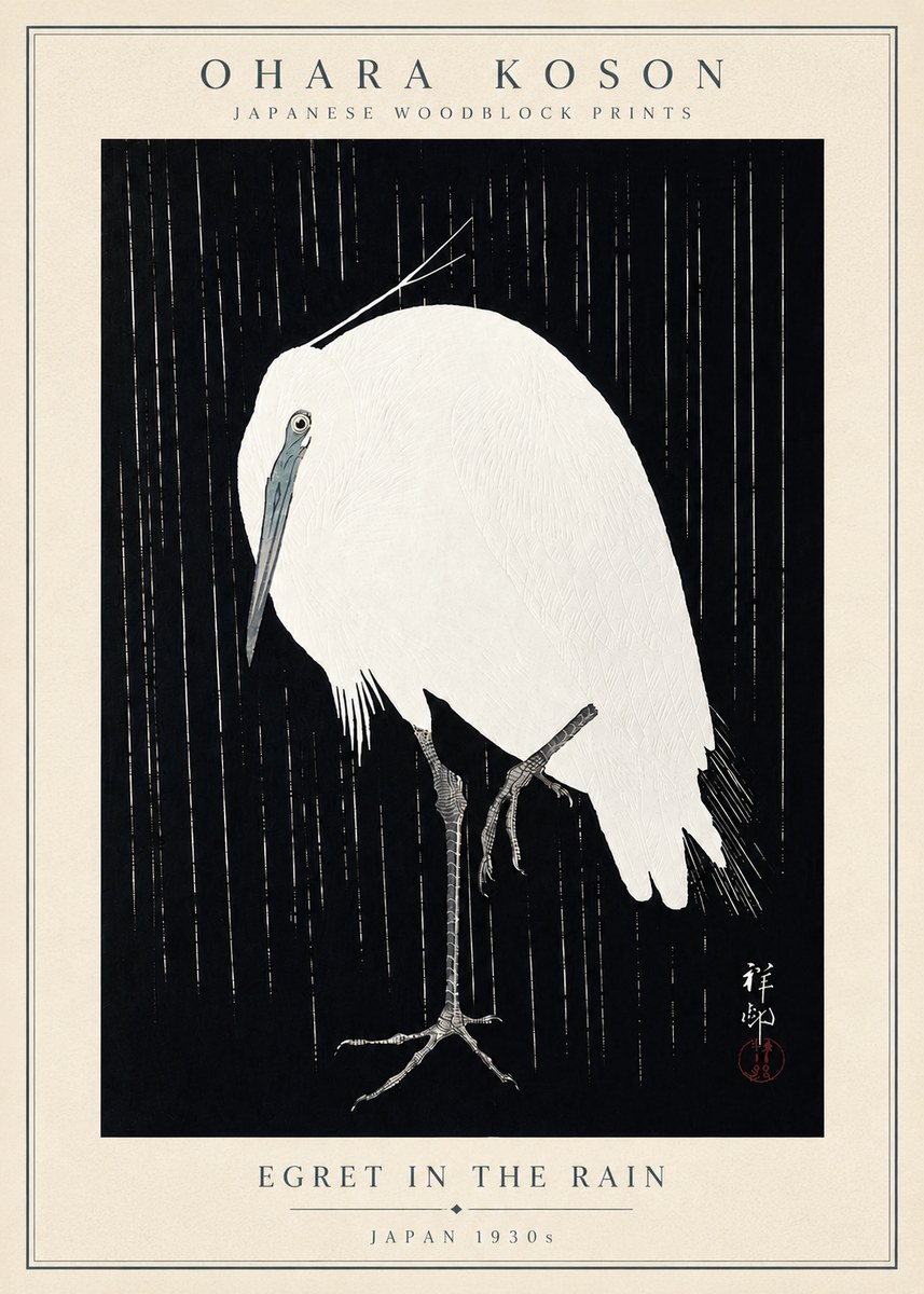Ohara Koson Egret in the Rain I No5 - Plakat