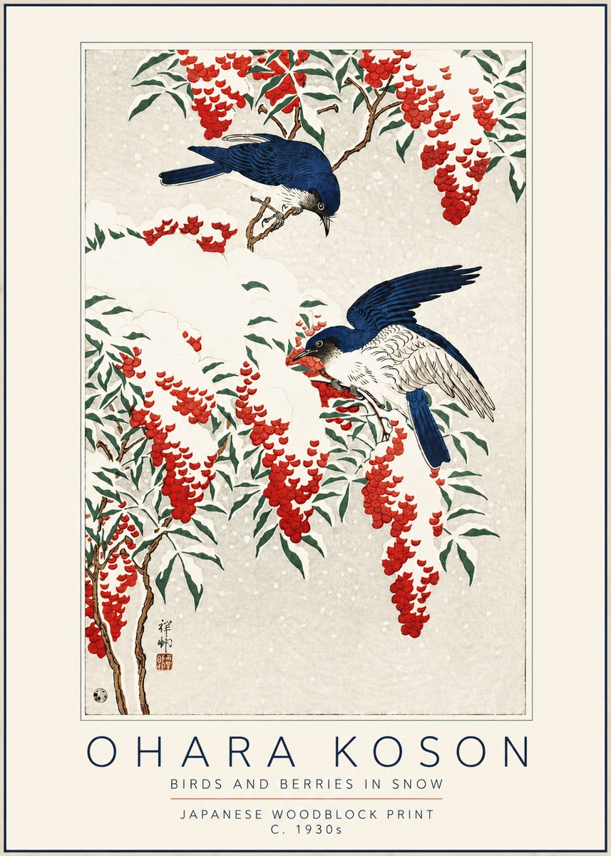 Ohara Koson Birds and Berries in Snow No5 - Plakat
