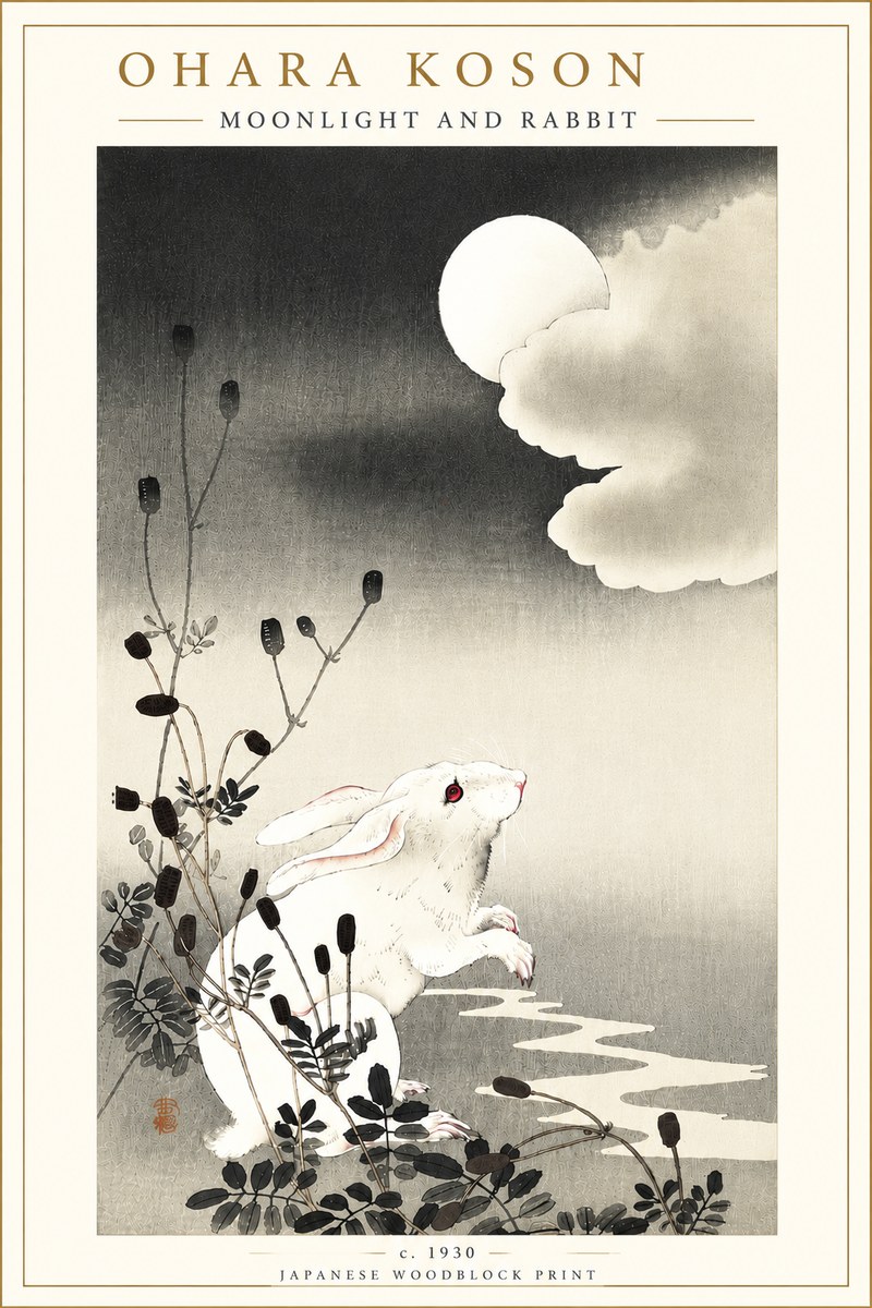 Ohara Koson Moonlight and Rabbit No5 - Plakat