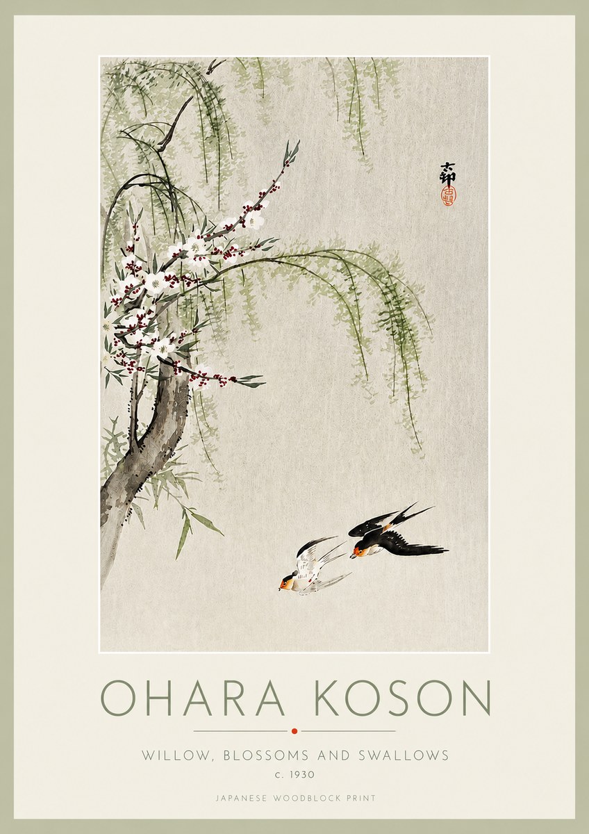 Ohara Koson Willow, Blossoms and Swallows No3 - Plakat