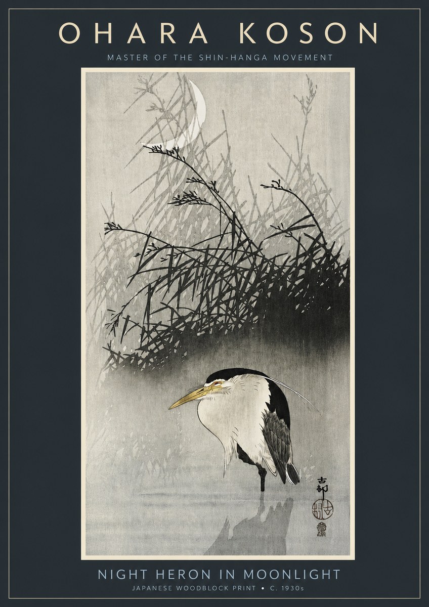 Ohara Koson Night Heron in Moonlight No2 - Plakat