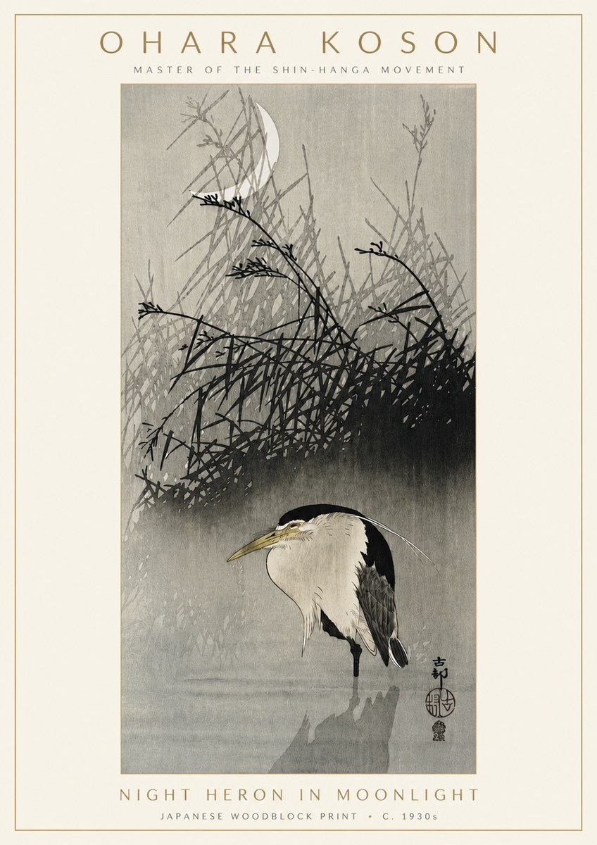 Ohara Koson Night Heron in Moonlight No3 - Plakat