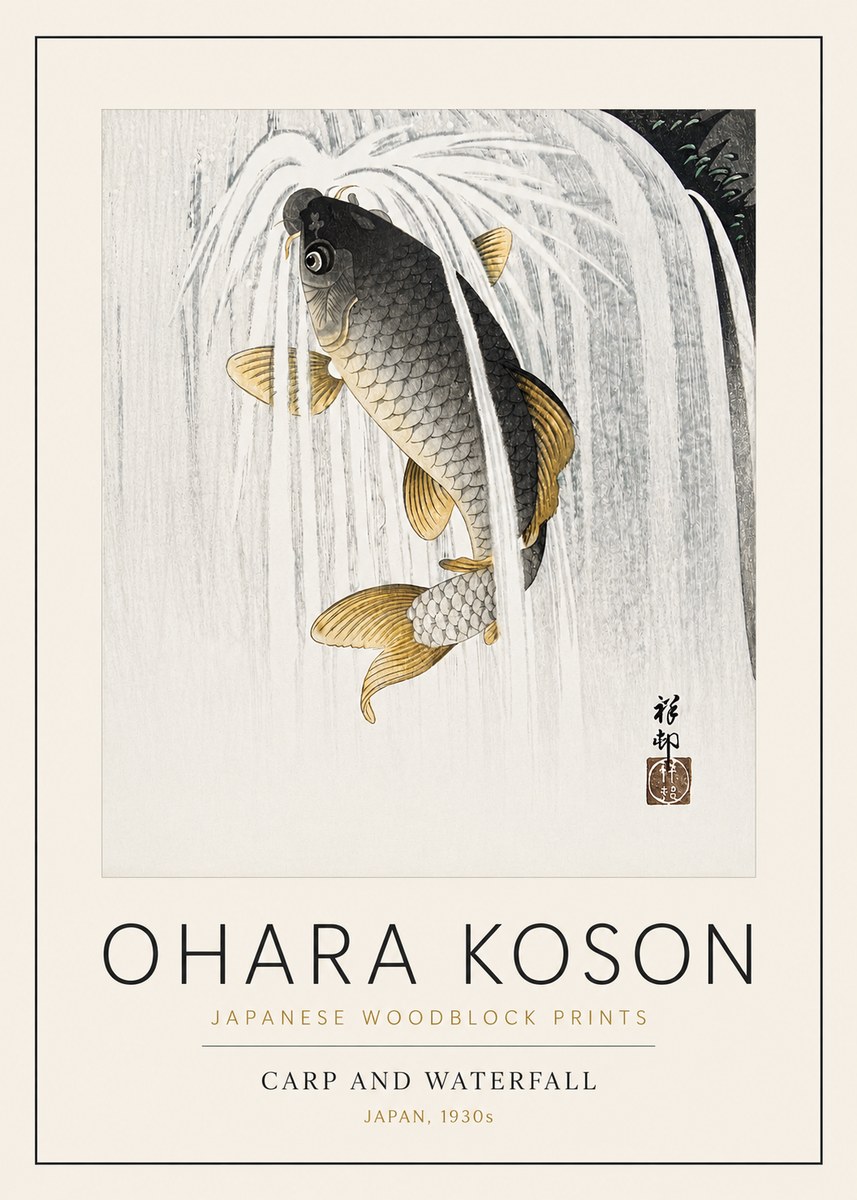 Ohara Koson Carp and Waterfall No3 - Plakat