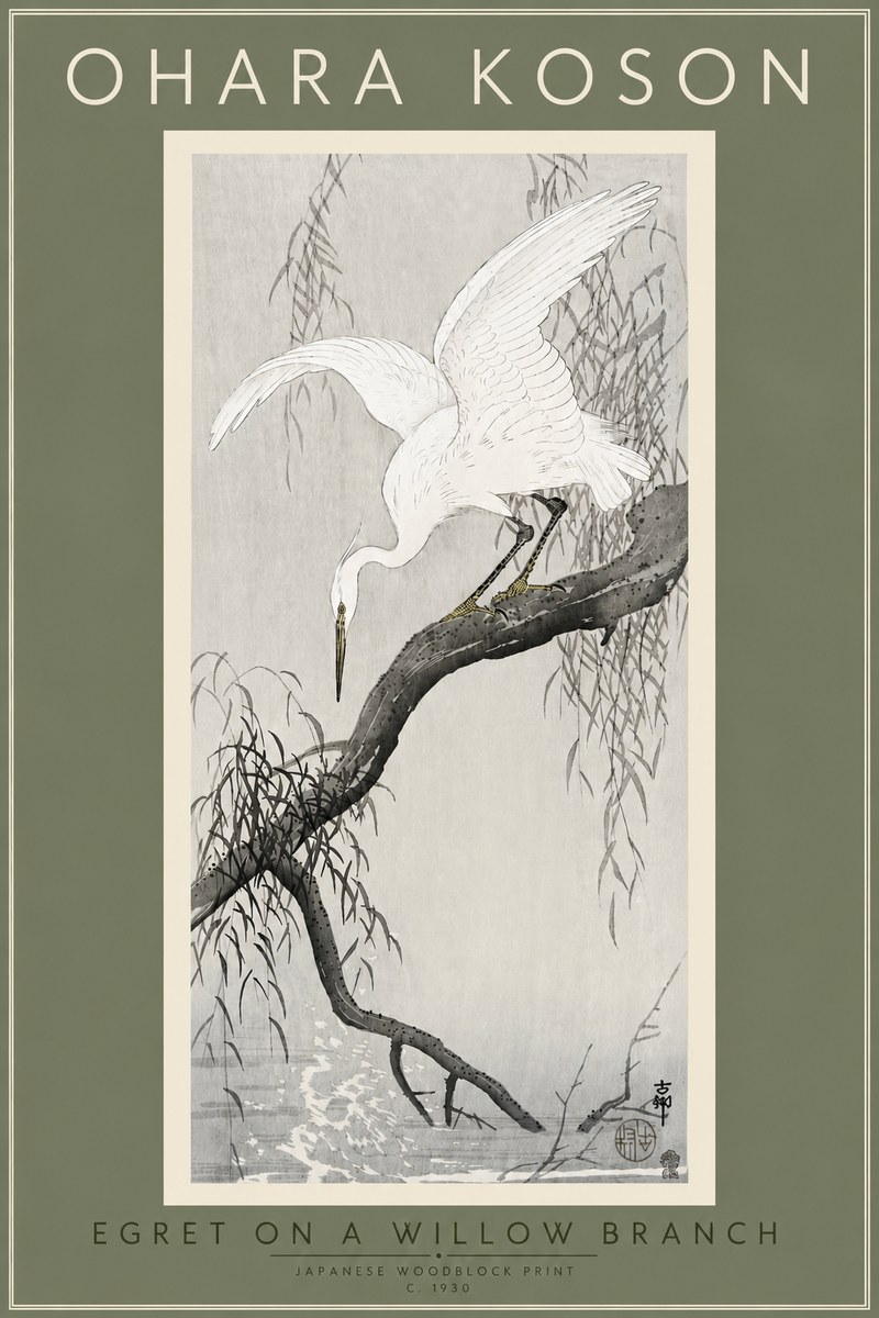 Ohara Koson Egret on a Willow Branch No4 - Plakat