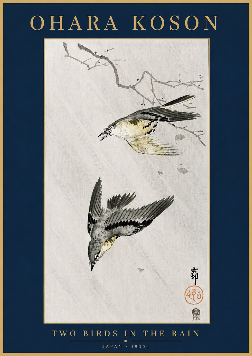 Ohara Koson Two Birds in the Rain No4 - Plakat