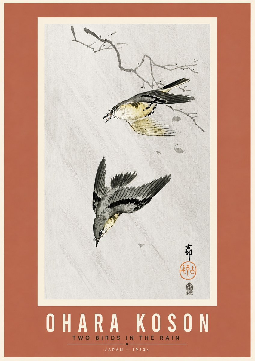 Ohara Koson Two Birds in the Rain No6 - Plakat