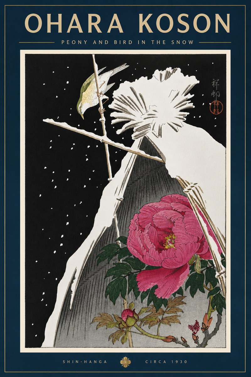 Ohara Koson Peony and Bird in the Snow No6 - Plakat