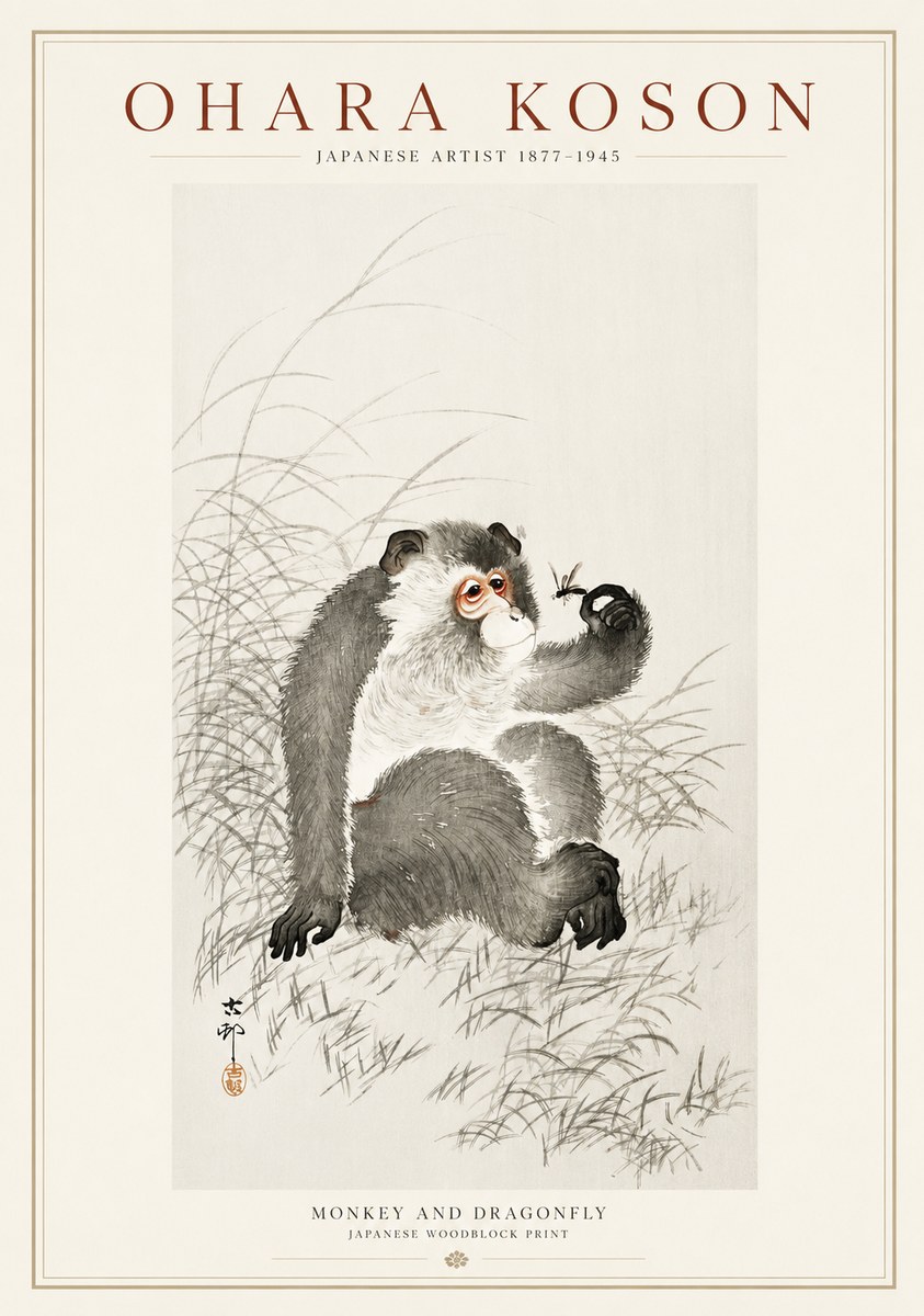 Ohara Koson Monkey and Dragonfly No1 - Plakat