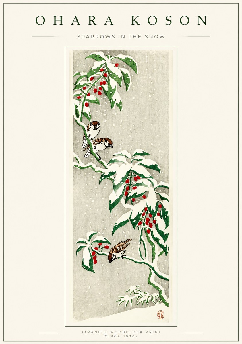 Ohara Koson Sparrows in the Snow No1 - Plakat