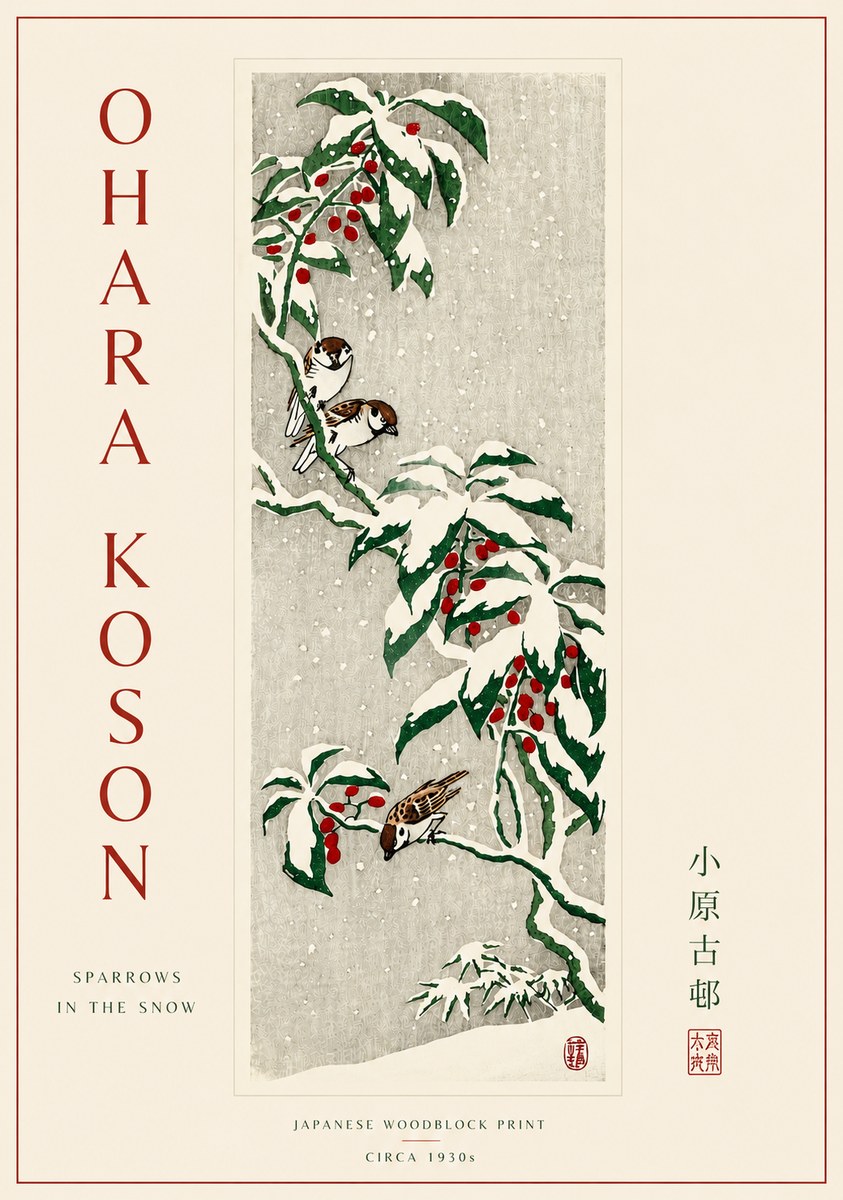 Ohara Koson Sparrows in the Snow No5 - Plakat