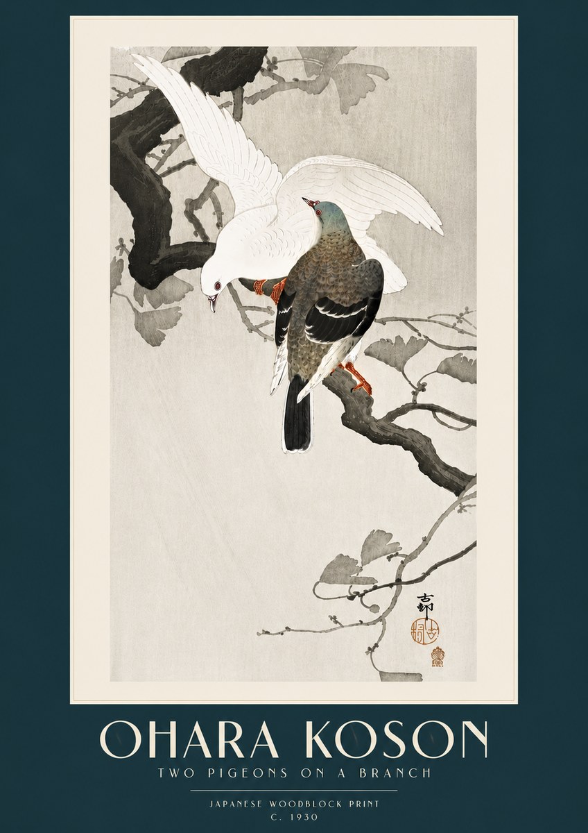 Ohara Koson Two Pigeons on a Branch No5 - Plakat