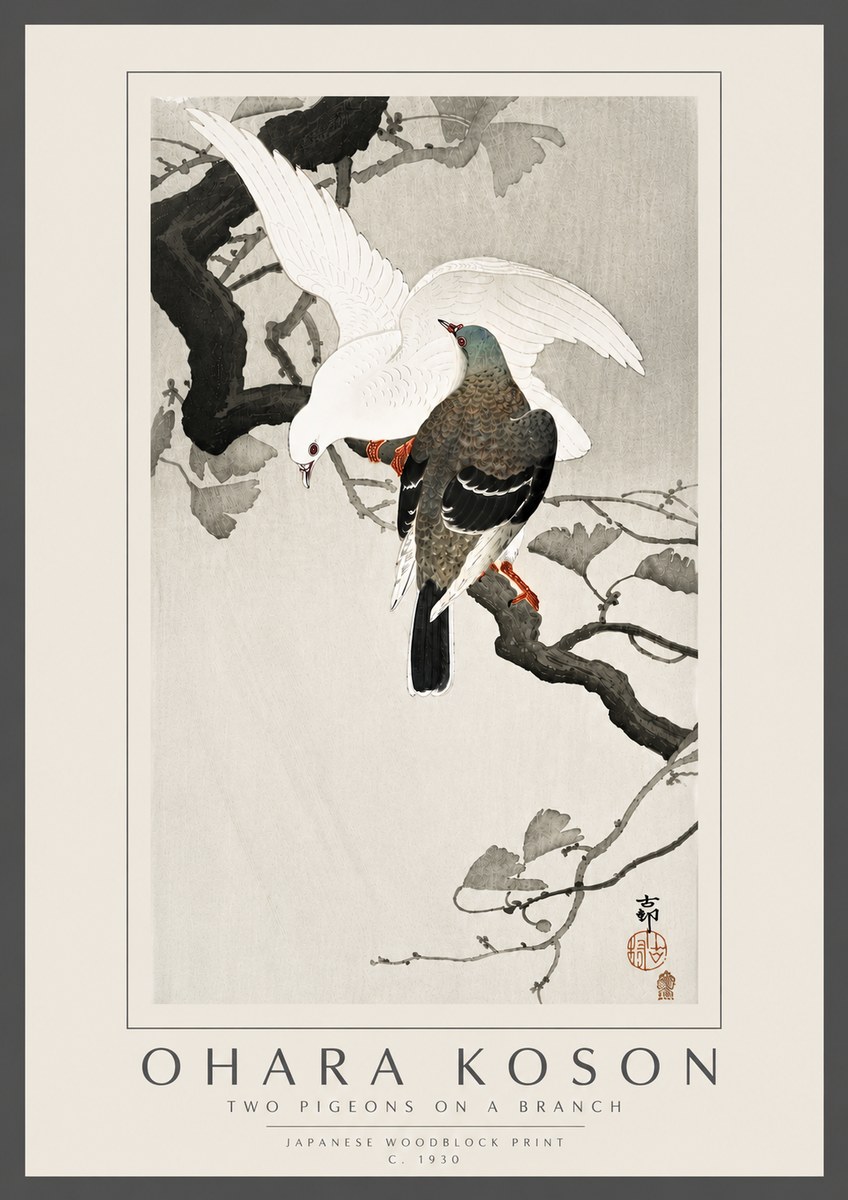 Ohara Koson Two Pigeons on a Branch No6 - Plakat