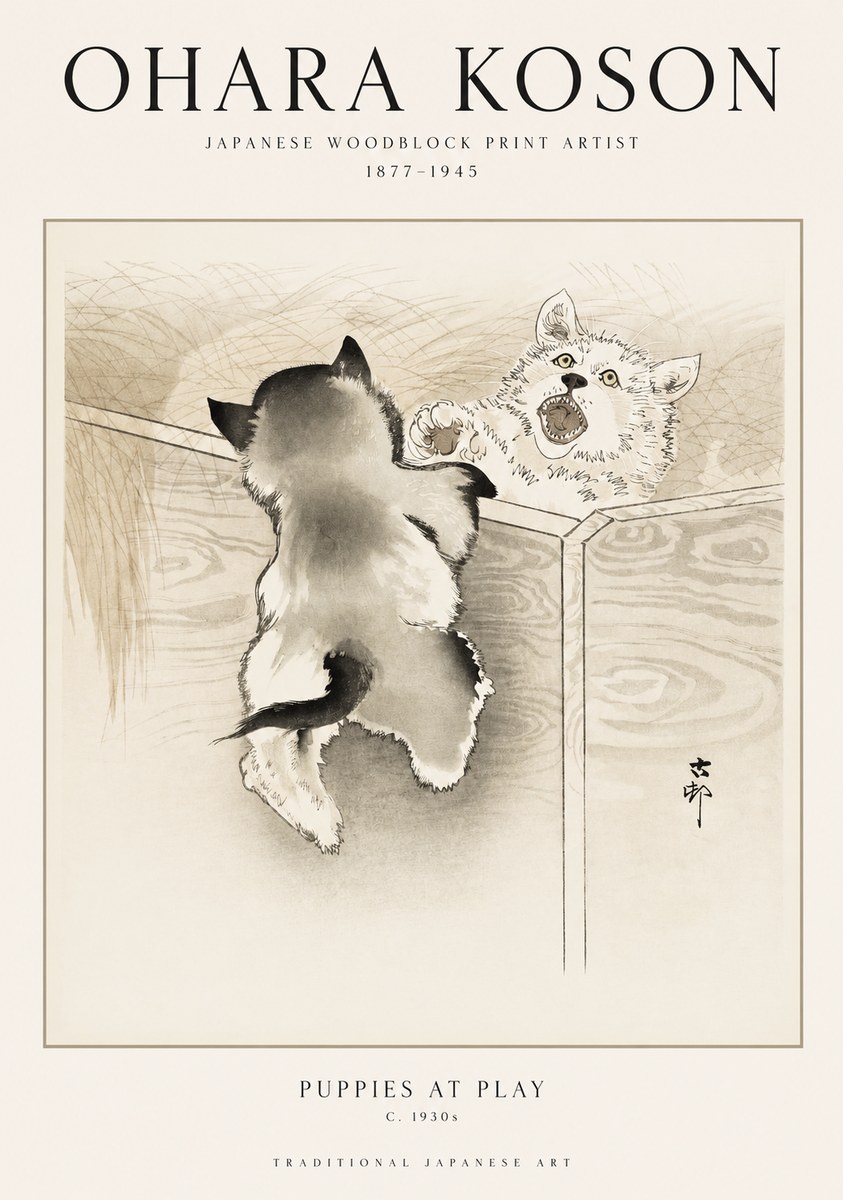 Ohara Koson Puppies at Play No1 - Plakat