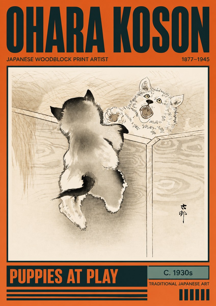 Ohara Koson Puppies at Play No2 - Plakat