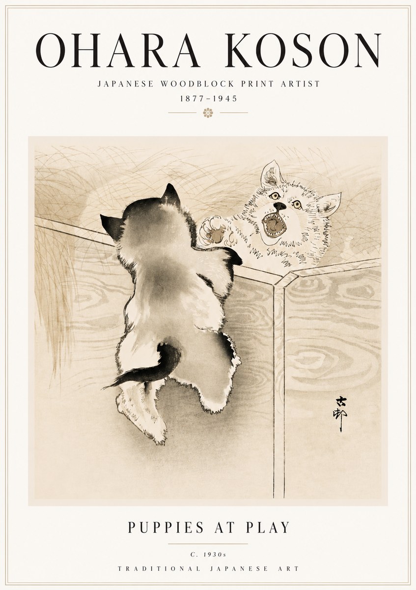 Ohara Koson Puppies at Play No5 - Plakat