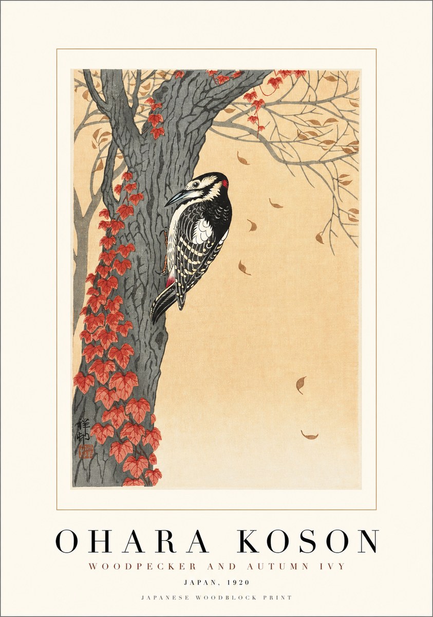 Ohara Koson Woodpecker and Autumn Ivy No1 - Plakat