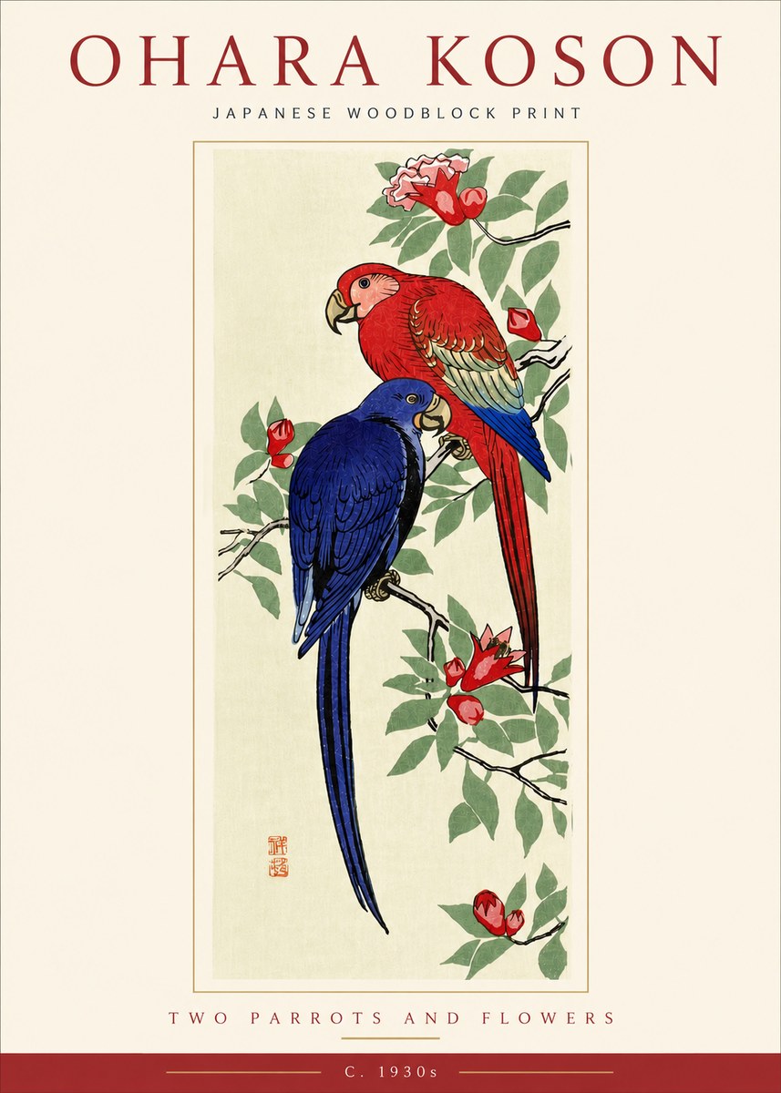 Ohara Koson Two Parrots and Flowers No4 - Plakat