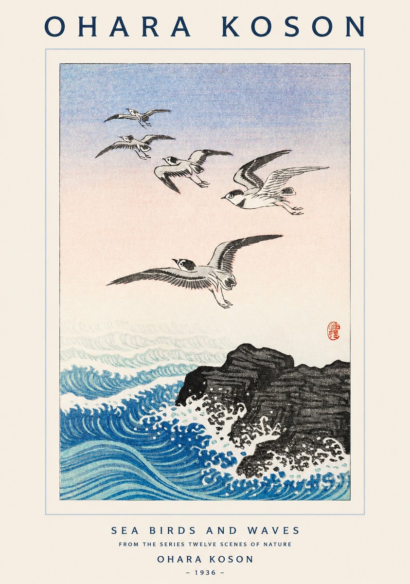 Ohara Koson Sea Birds and Waves No1 - Plakat