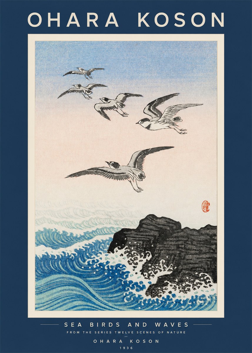Ohara Koson Sea Birds and Waves No2 - Plakat
