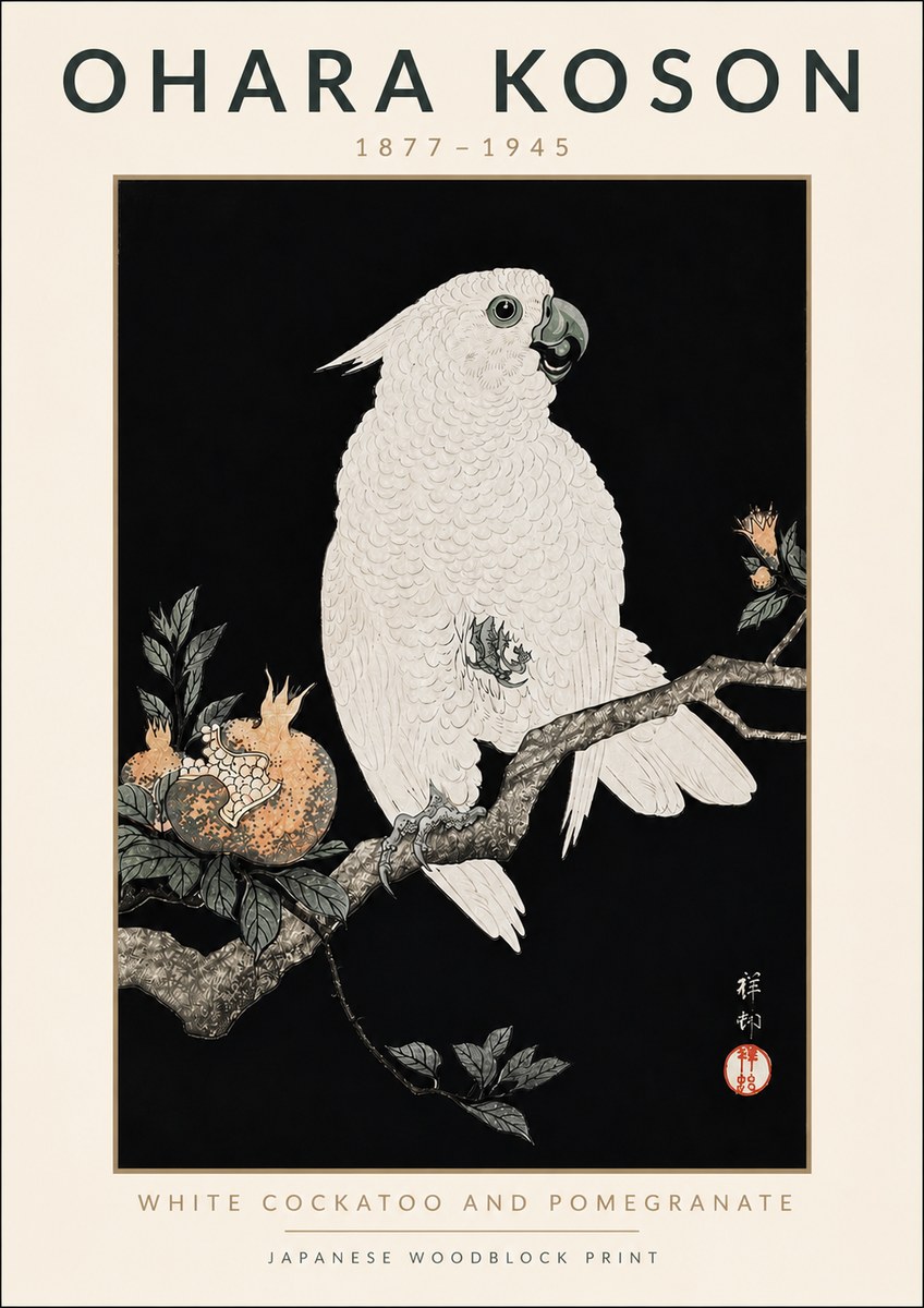 Ohara Koson White Cockatoo and Pomegranate II No4 - Plakat