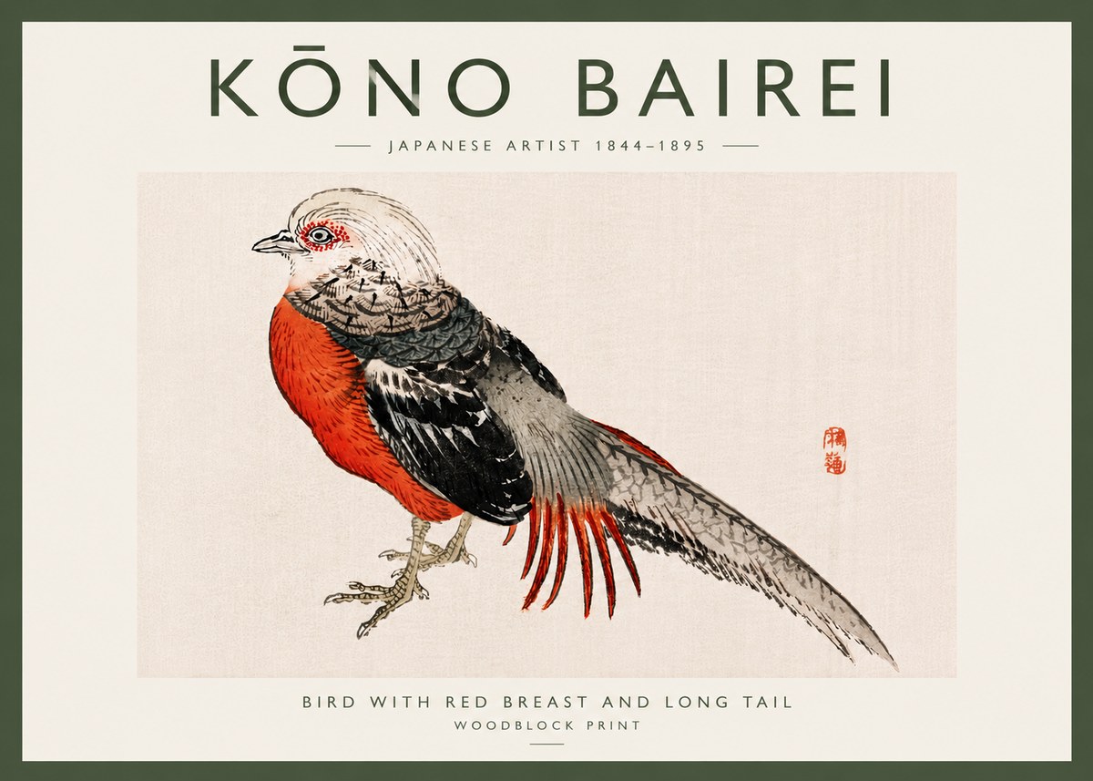 Kōno Bairei Bird with Red Breast and Long Tail No6 - Plakat