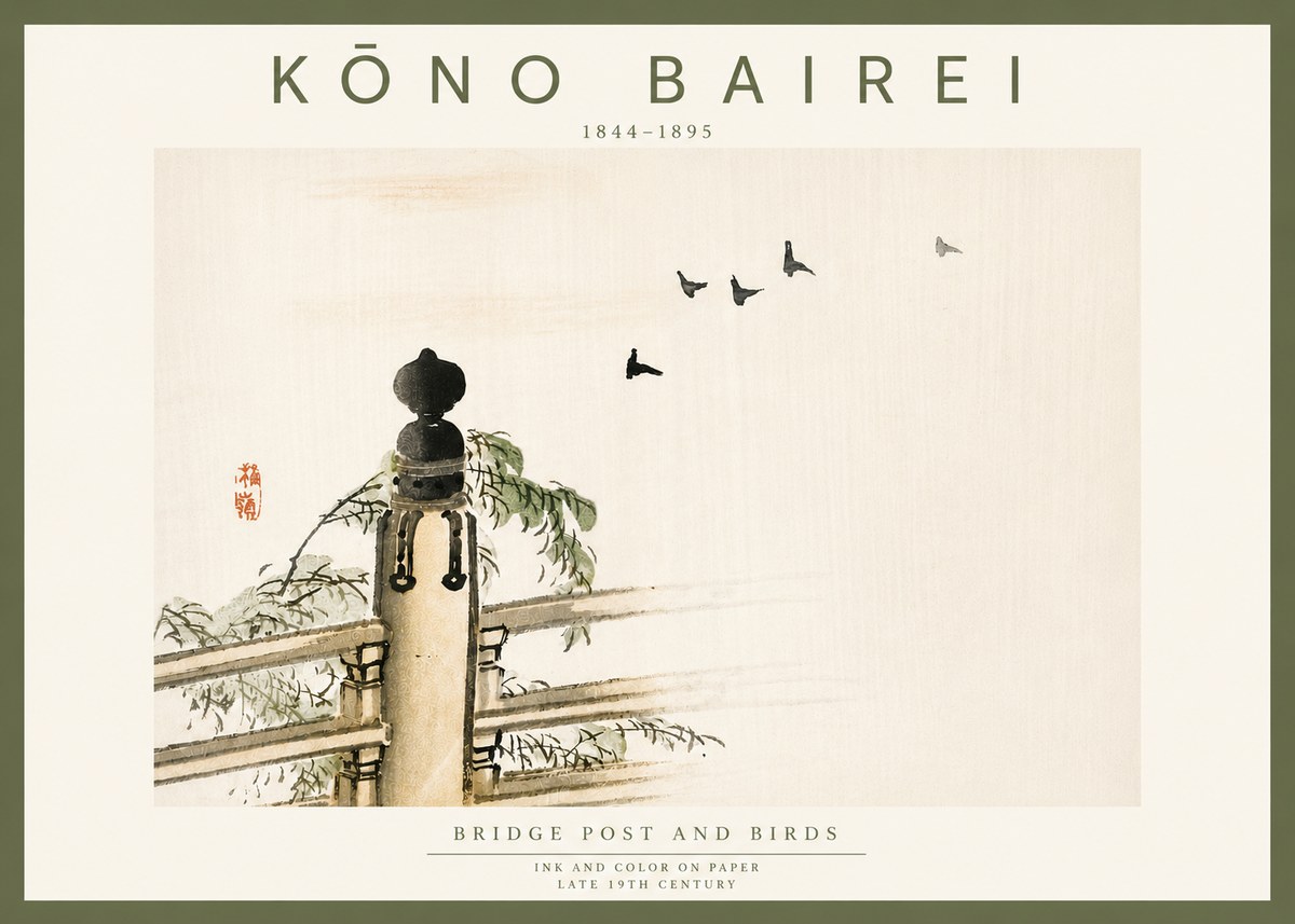 Kōno Bairei Bridge Post and Birds No6 - Plakat